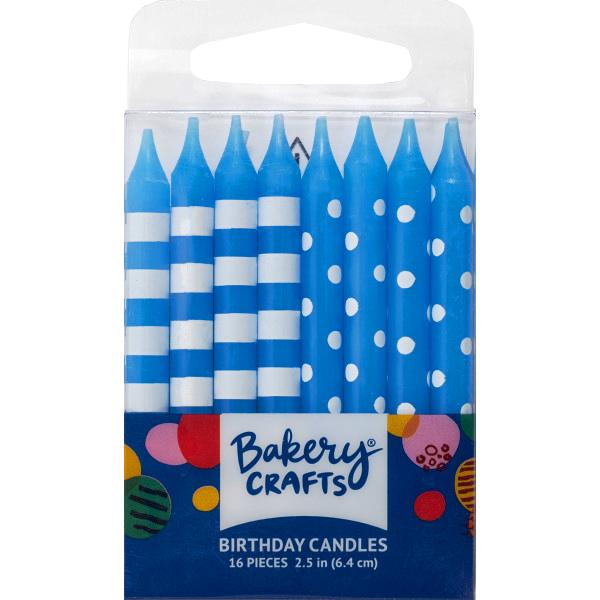 Birthday Candle 2.5 IN Wax Blue Stripes & Dots 12/Pack