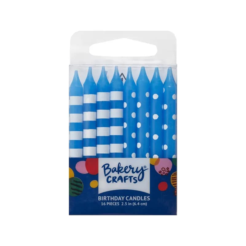 Birthday Candle 2.5 IN Wax Blue Stripes & Dots 12/Pack