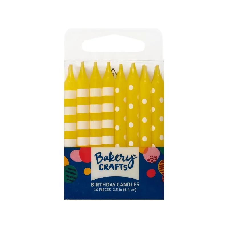 Birthday Candle 2.5 IN Wax Yellow Stripes & Dots 12/Pack