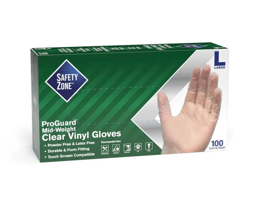 Safety Zone® General Purpose Gloves Large (LG) 9.25 IN Clear 5.3g Vinyl Powder-Free 100 Count/Pack 10 Packs/Case