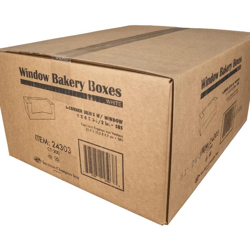Bakery Box 9X4X3.5 IN SBS Paperboard White Rectangle 6 Corner Beers With Window 200/Case