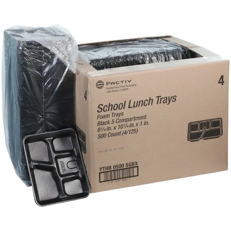 Cafeteria & School Lunch Tray 8.25X10.25X1 IN 5 Compartment Polystyrene Foam Black Rectangle 500/Case