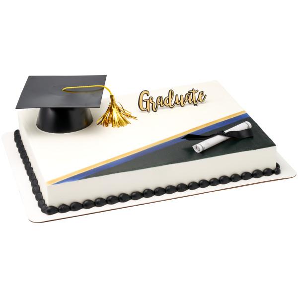 Cake Topper Kit Plastic Black Gold Mega Hat Graduate 3/Set
