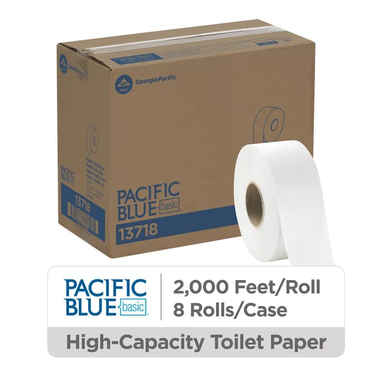 Pacific Blue Basic Toilet Paper & Tissue Roll 3.3IN X2000FT 1PLY White Jumbo Jr (JRT) High Capacity 8 Rolls/Case