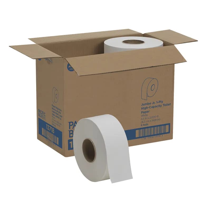 Pacific Blue Basic Toilet Paper & Tissue Roll 3.3IN X2000FT 1PLY White Jumbo Jr (JRT) High Capacity 8 Rolls/Case