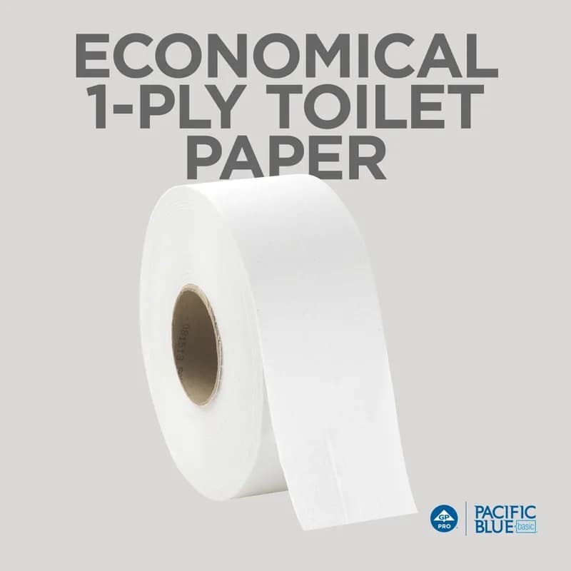 Pacific Blue Basic Toilet Paper & Tissue Roll 3.3IN X2000FT 1PLY White Jumbo Jr (JRT) High Capacity 8 Rolls/Case