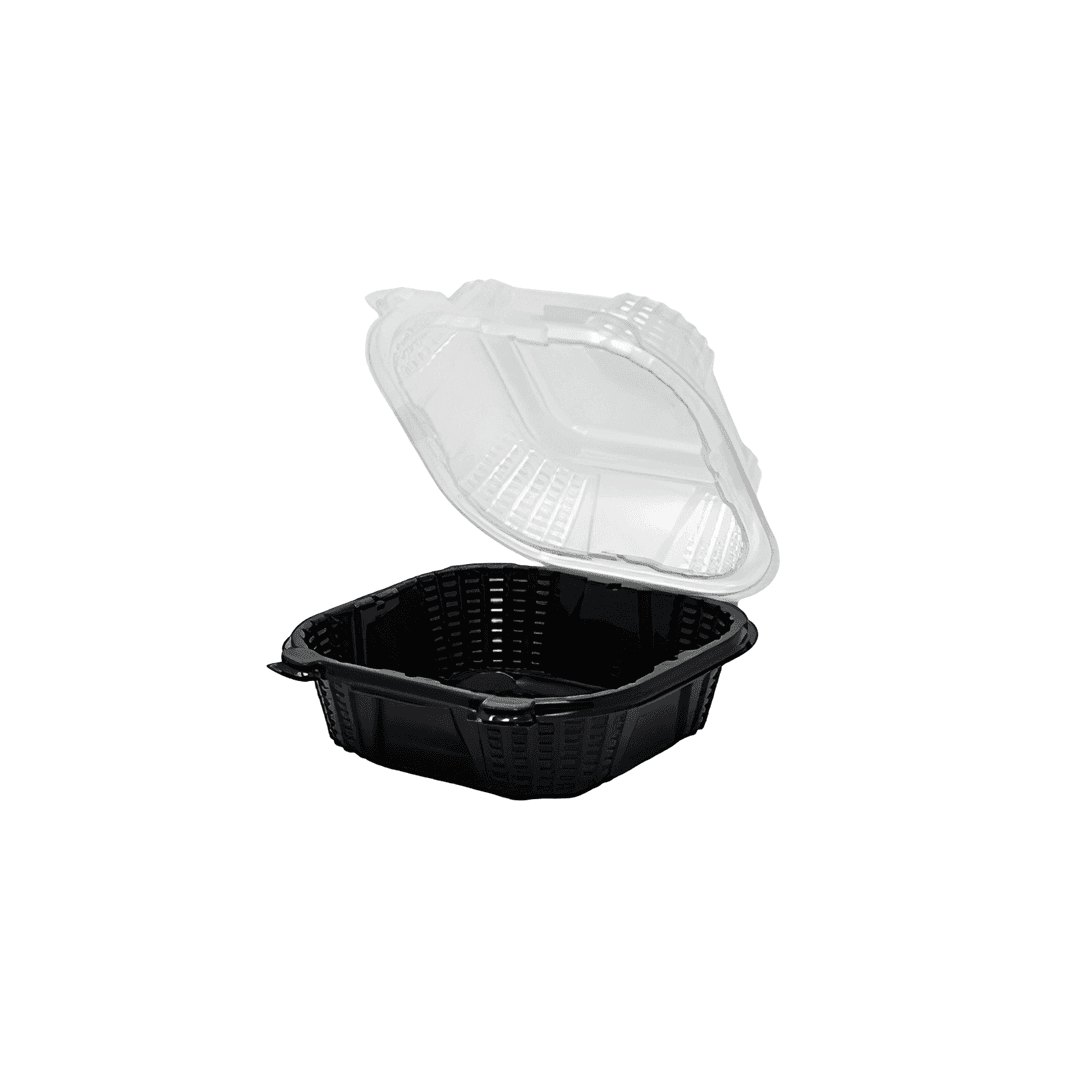 Sandwich Take-Out Container Hinged With Dome Lid 6X6X3 IN PP Black Clear Square 400/Case