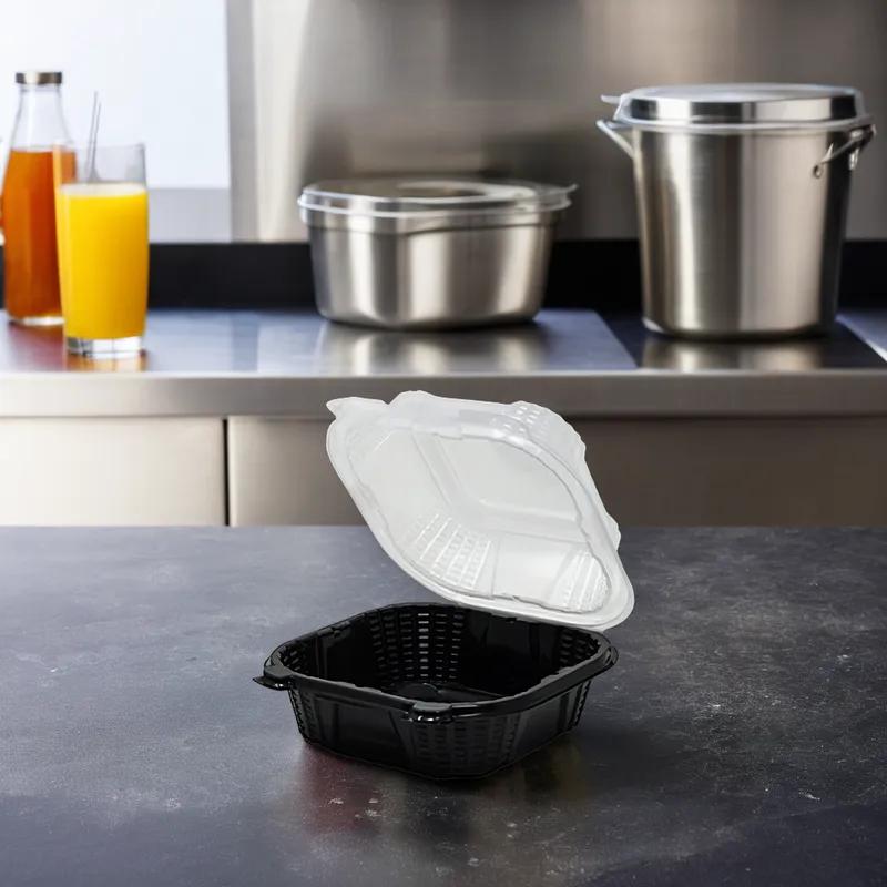Sandwich Take-Out Container Hinged With Dome Lid 6X6X3 IN PP Black Clear Square 400/Case