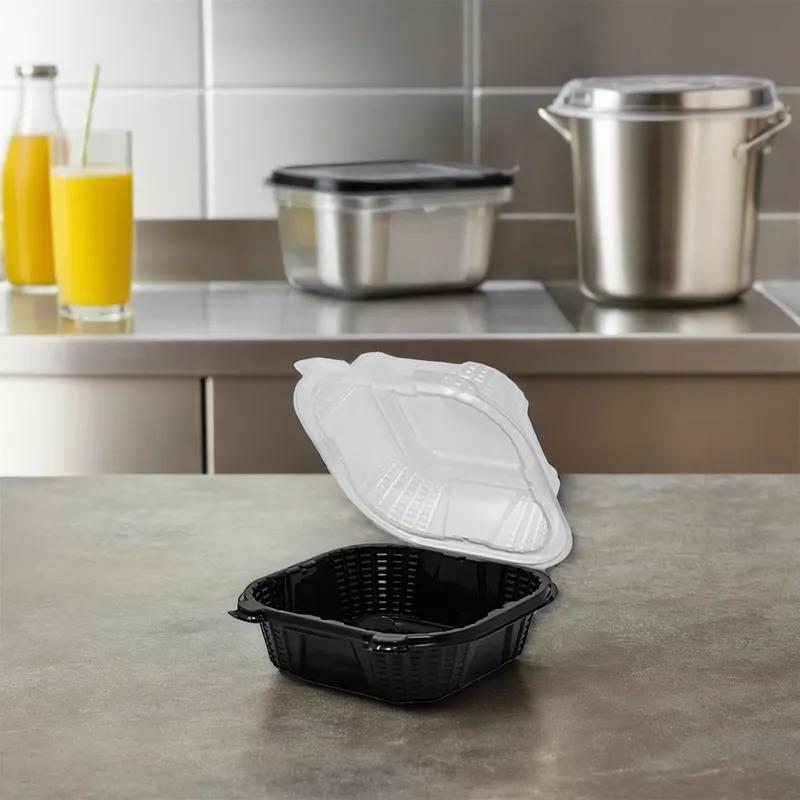 Sandwich Take-Out Container Hinged With Dome Lid 6X6X3 IN PP Black Clear Square 400/Case