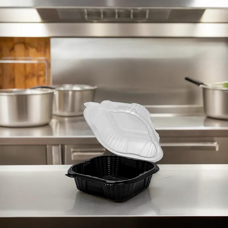 Sandwich Take-Out Container Hinged With Dome Lid 6X6X3 IN PP Black Clear Square 400/Case
