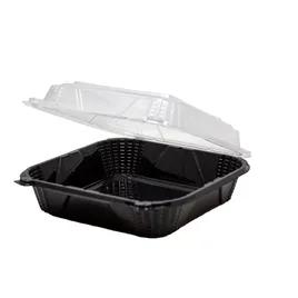 Sandwich Take-Out Container Hinged With Dome Lid Medium (MED) 8X8X3 IN PP Black Clear Square 150/Case