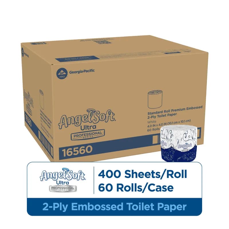 Angel Soft Ultra Professional® Toilet Paper & Tissue Roll 2PLY White Embossed Sheet L x W: 4IN X 4IN 400 Sheets/Roll