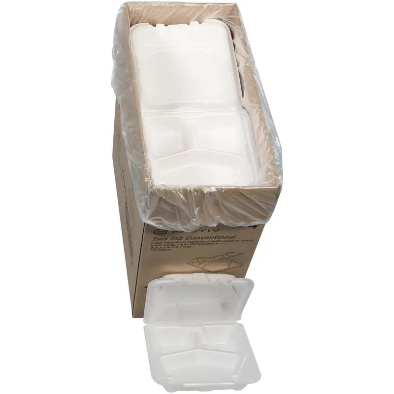 Take-Out Container Hinged With Dome Lid 9.1X9X3.3 IN 3 Compartment Polystyrene Foam White Square Closing Tabs 150/Case