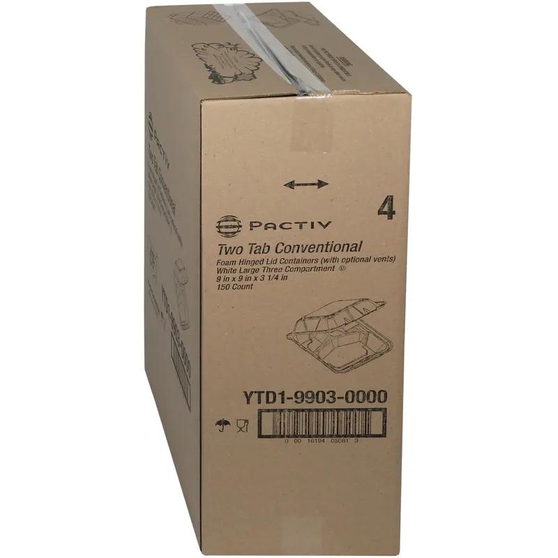 Take-Out Container Hinged With Dome Lid 9.1X9X3.3 IN 3 Compartment Polystyrene Foam White Square Closing Tabs 150/Case