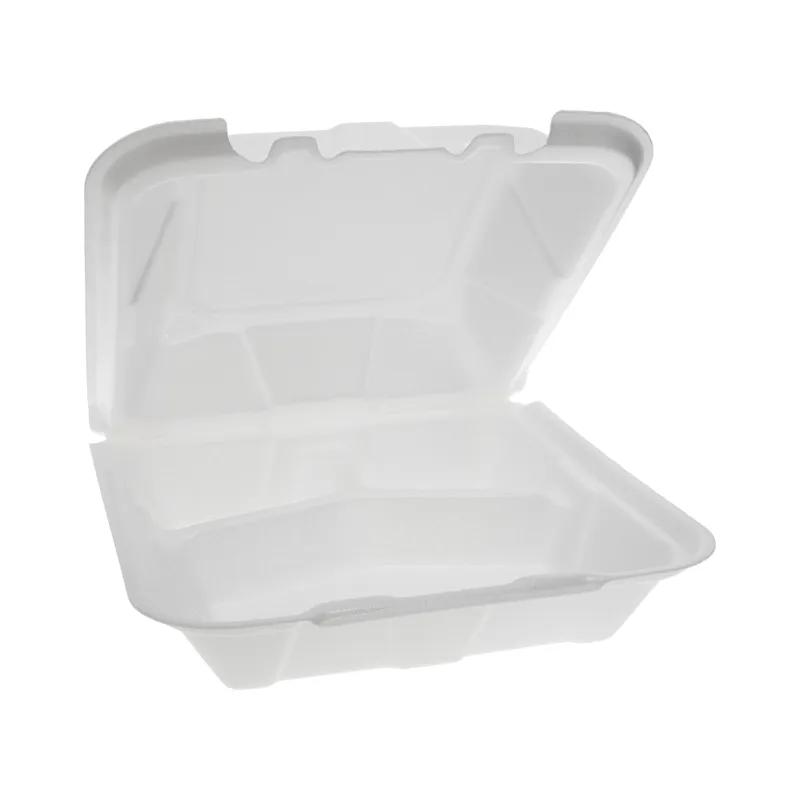 Take-Out Container Hinged With Dome Lid 9.1X9X3.3 IN 3 Compartment Polystyrene Foam White Square Closing Tabs 150/Case