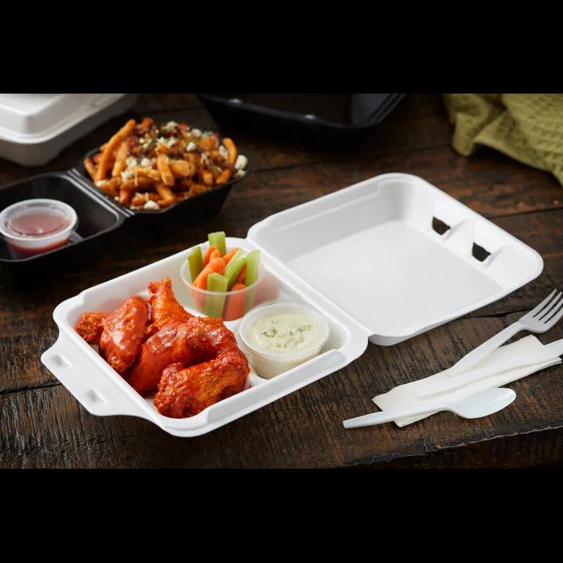 Take-Out Container Hinged With Dome Lid 9.1X9X3.3 IN 3 Compartment Polystyrene Foam White Square Closing Tabs 150/Case