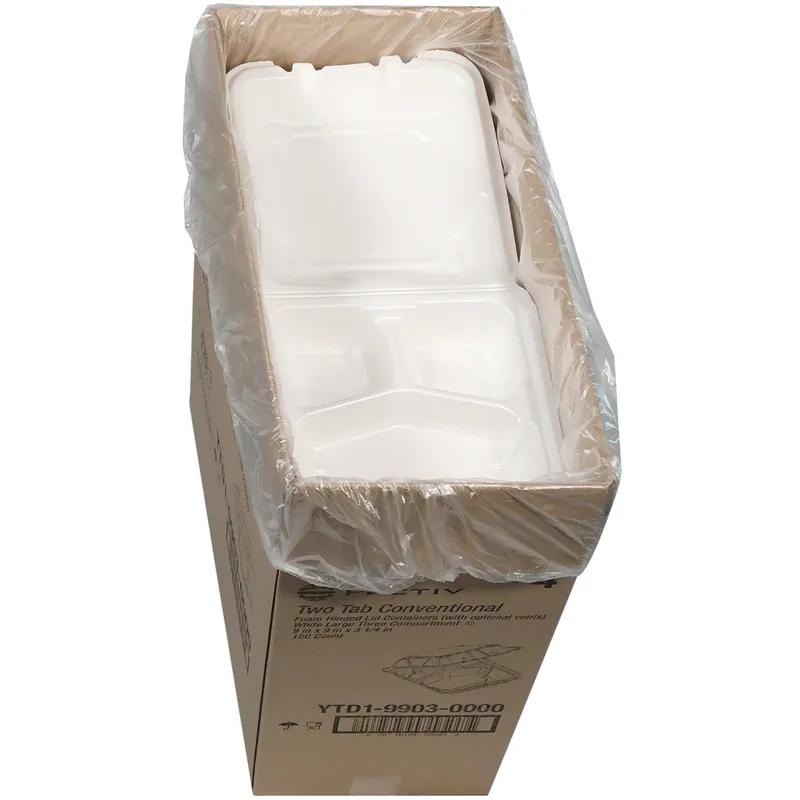 Take-Out Container Hinged With Dome Lid 9.1X9X3.3 IN 3 Compartment Polystyrene Foam White Square Closing Tabs 150/Case