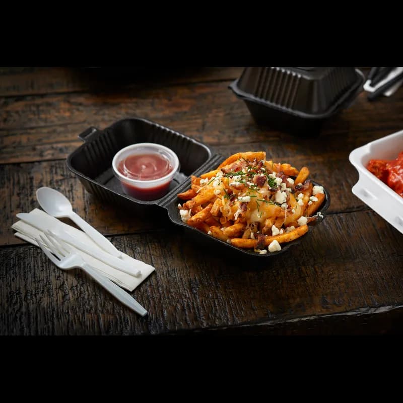 Sandwich Take-Out Container Hinged With Dome Lid 5.8X5.8X3.3 IN Polystyrene Foam Black Square Closing Tabs 504/Case