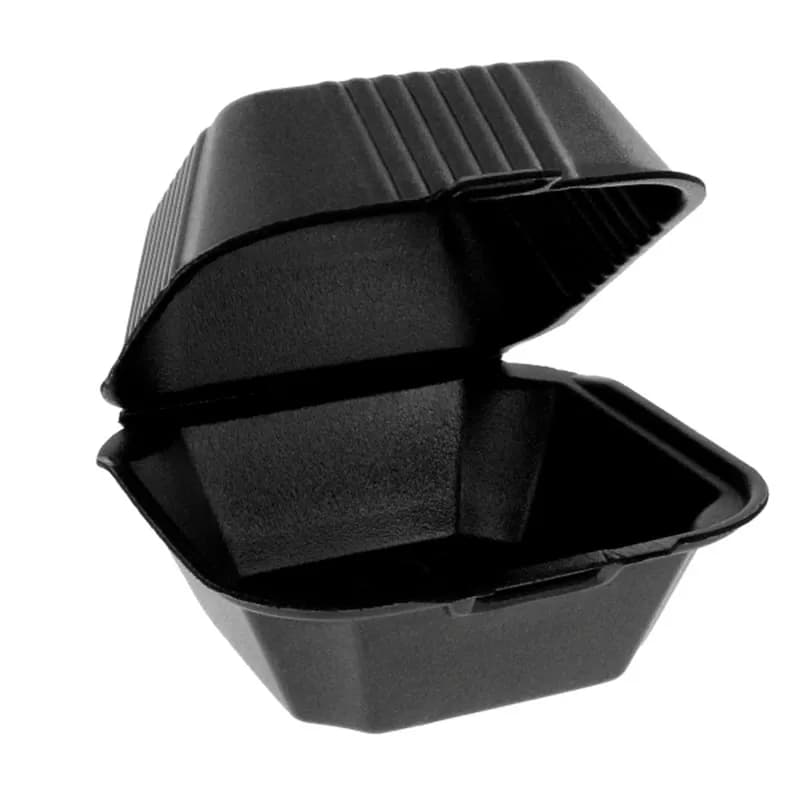 Sandwich Take-Out Container Hinged With Dome Lid 5.8X5.8X3.3 IN Polystyrene Foam Black Square Closing Tabs 504/Case