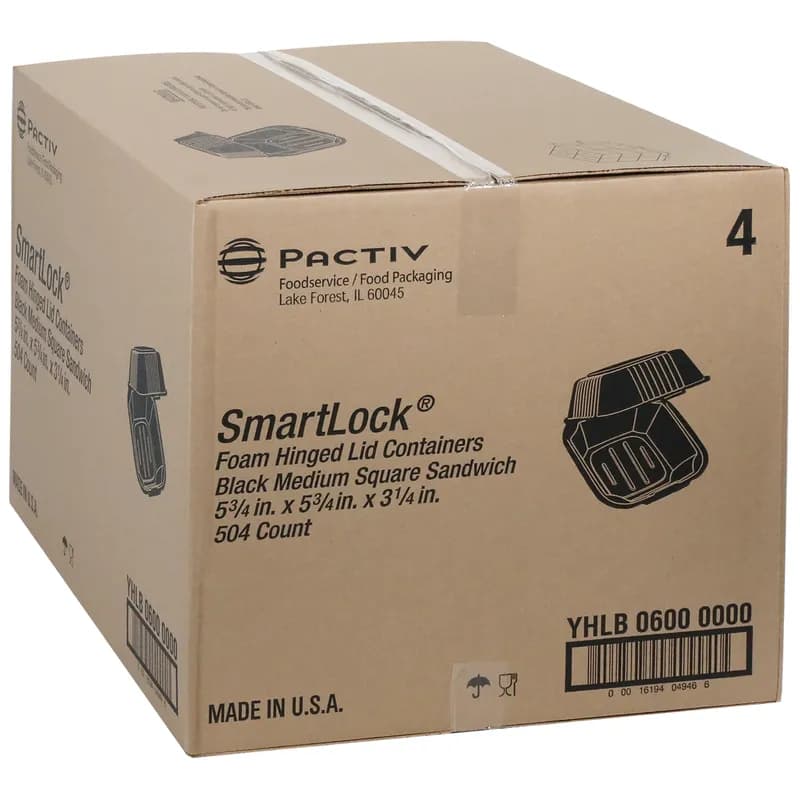 Sandwich Take-Out Container Hinged With Dome Lid 5.8X5.8X3.3 IN Polystyrene Foam Black Square Closing Tabs 504/Case