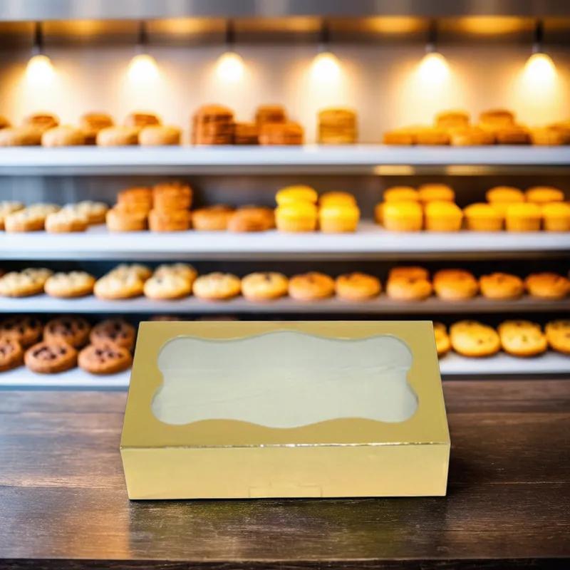 String Ensemble Cookie Box 8X5X2 IN Paper Gold Rectangle With Window 200/Case