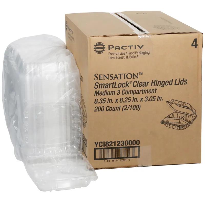 Take-Out Container Hinged With Dome Lid 8.5X8.3X3 IN 3 Compartment OPS Clear Square 200/Case