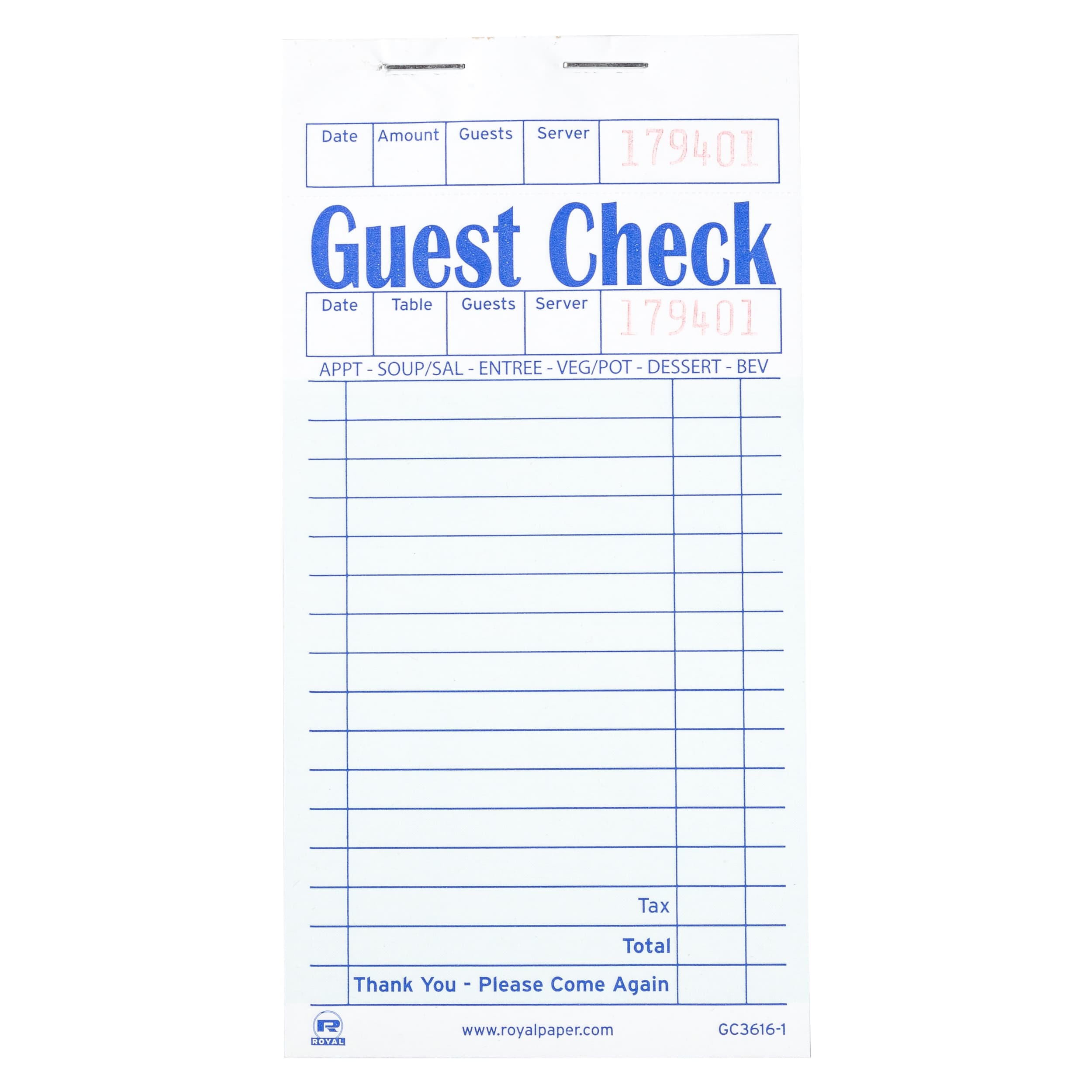 Guest Check Paper Green 1-Part Booked 16 Line 10 Count/Pack 5 Packs/Case 50 Count/Case