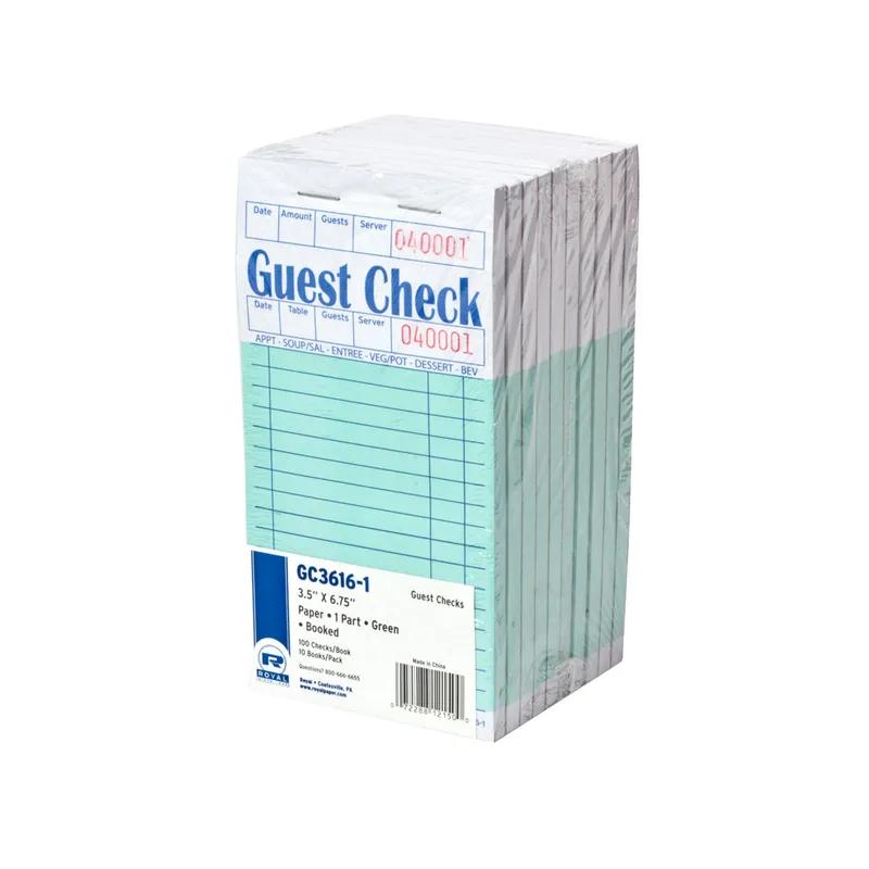 Guest Check Paper Green 1-Part Booked 16 Line 10 Count/Pack 5 Packs/Case 50 Count/Case