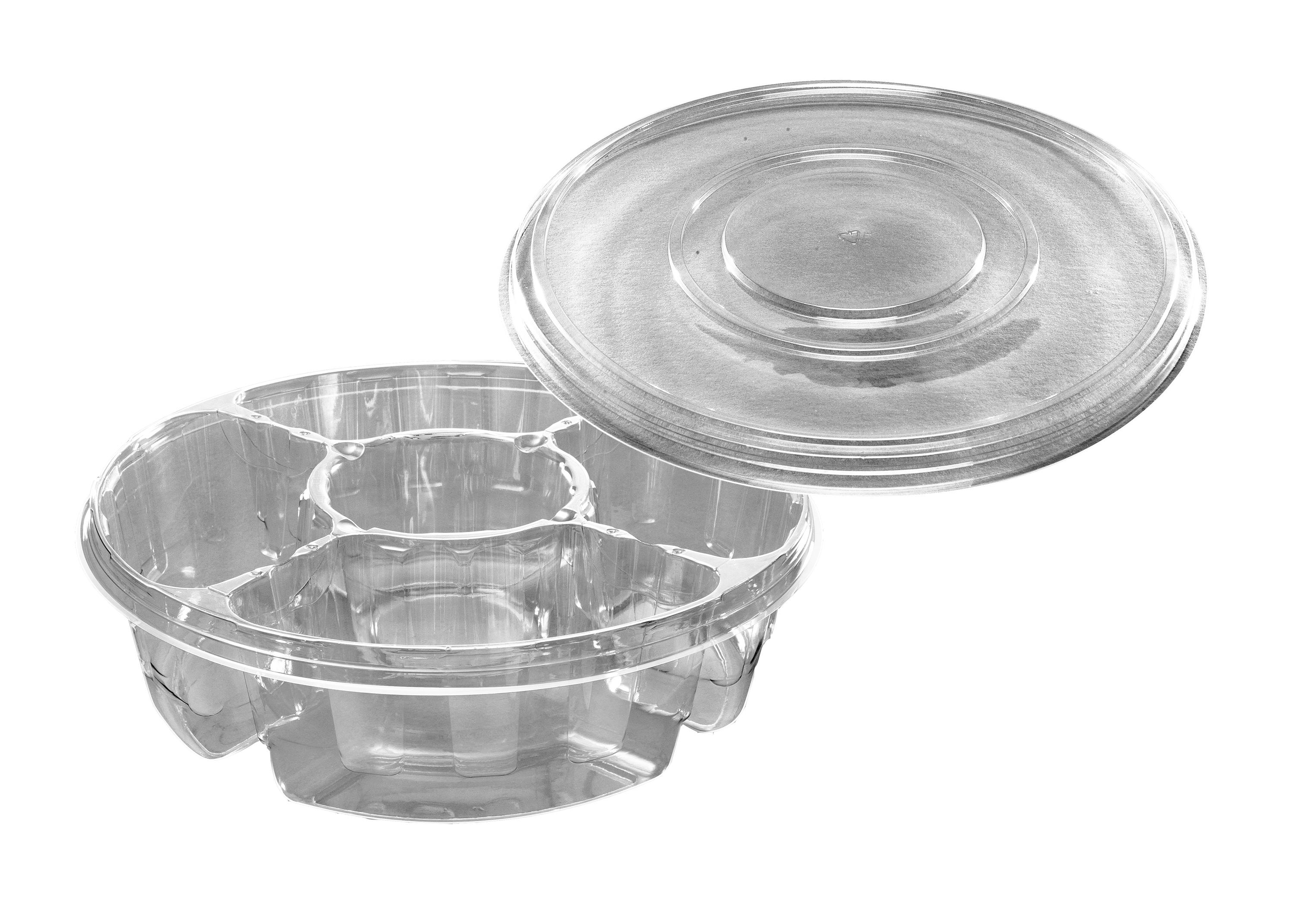 Deli Container Base & Lid Combo With Flat Lid 13 IN 4 Compartment PET Clear Round 50/Case