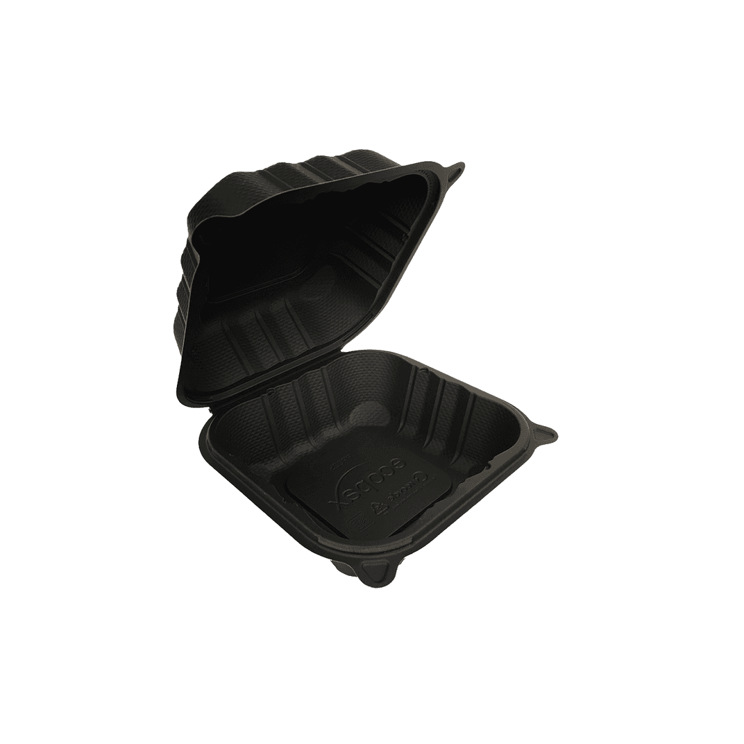 Pebble Box Take-Out Container Hinged With Dome Lid 6X6X3.25 IN PP Black Square Microwave Safe Grease Resistant 480/Case