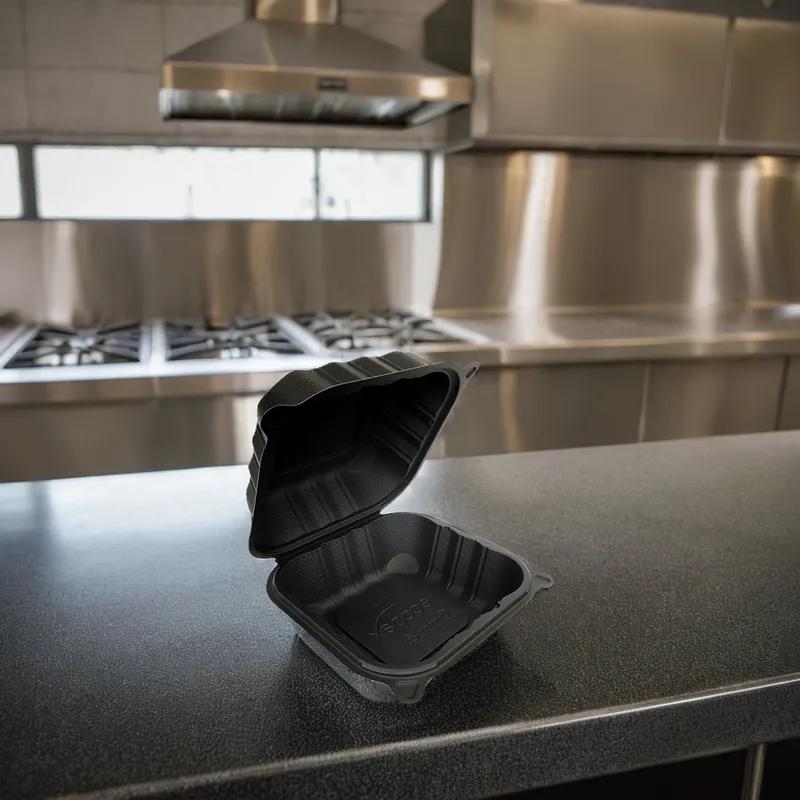 Pebble Box Take-Out Container Hinged With Dome Lid 6X6X3.25 IN PP Black Square Microwave Safe Grease Resistant 480/Case