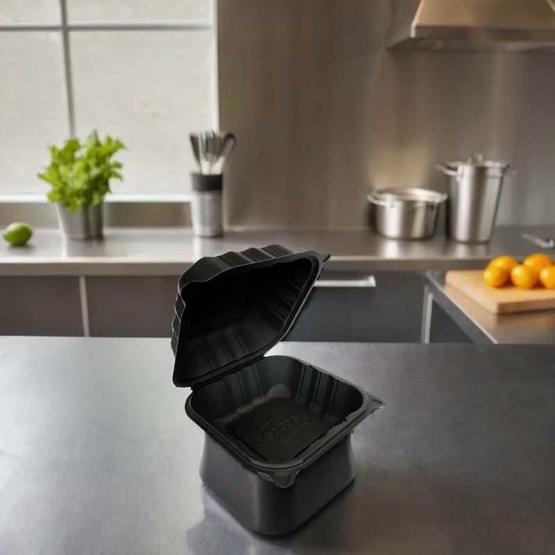 Pebble Box Take-Out Container Hinged With Dome Lid 6X6X3.25 IN PP Black Square Microwave Safe Grease Resistant 480/Case