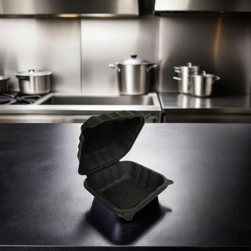 Pebble Box Take-Out Container Hinged With Dome Lid 6X6X3.25 IN PP Black Square Microwave Safe Grease Resistant 480/Case