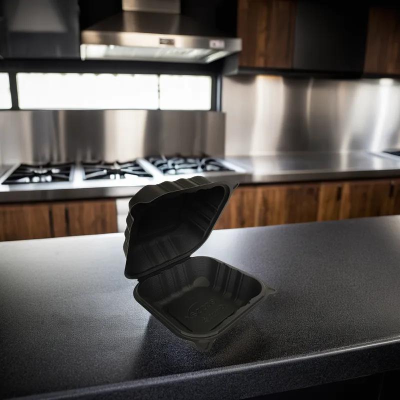 Pebble Box Take-Out Container Hinged With Dome Lid 6X6X3.25 IN PP Black Square Microwave Safe Grease Resistant 480/Case