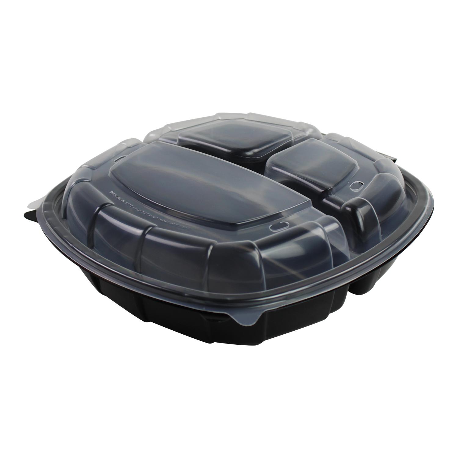 Take-Out Container Hinged With Dome Lid 10X10X1.84 IN 3 Compartment PP Black Clear Square 148/Case