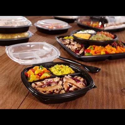 Take-Out Container Hinged With Dome Lid 10X10X1.84 IN 3 Compartment PP Black Clear Square 148/Case