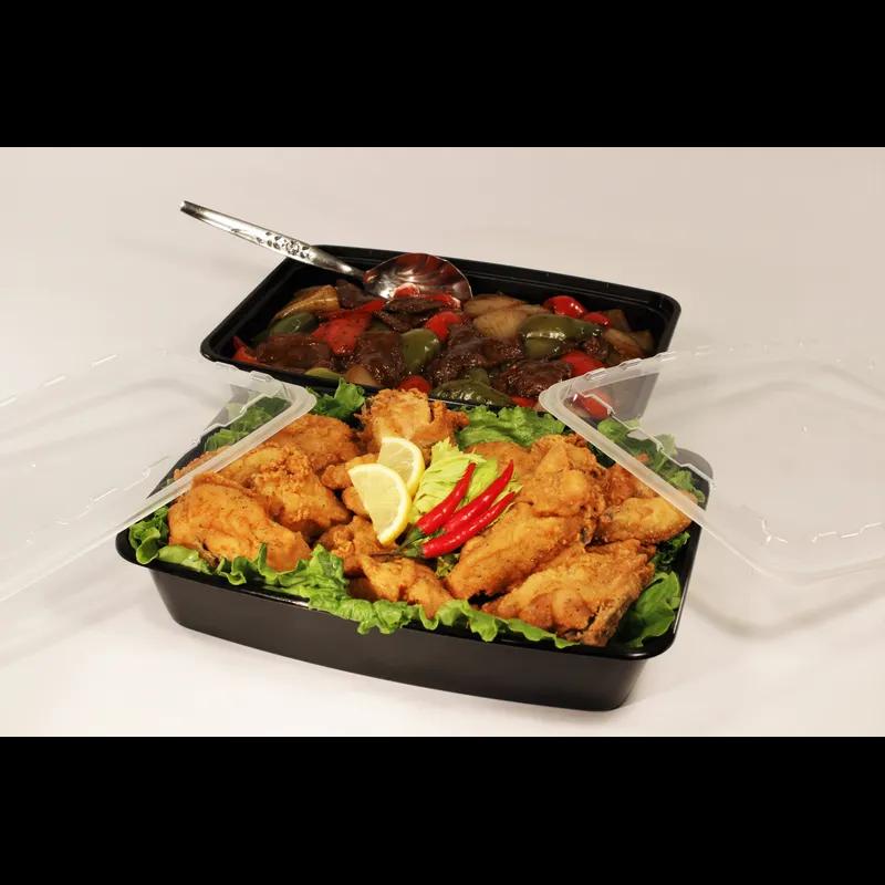 Take-Out Container Base & Lid Combo With Dome Lid 84 OZ Plastic Black Clear Rectangle 100/Case