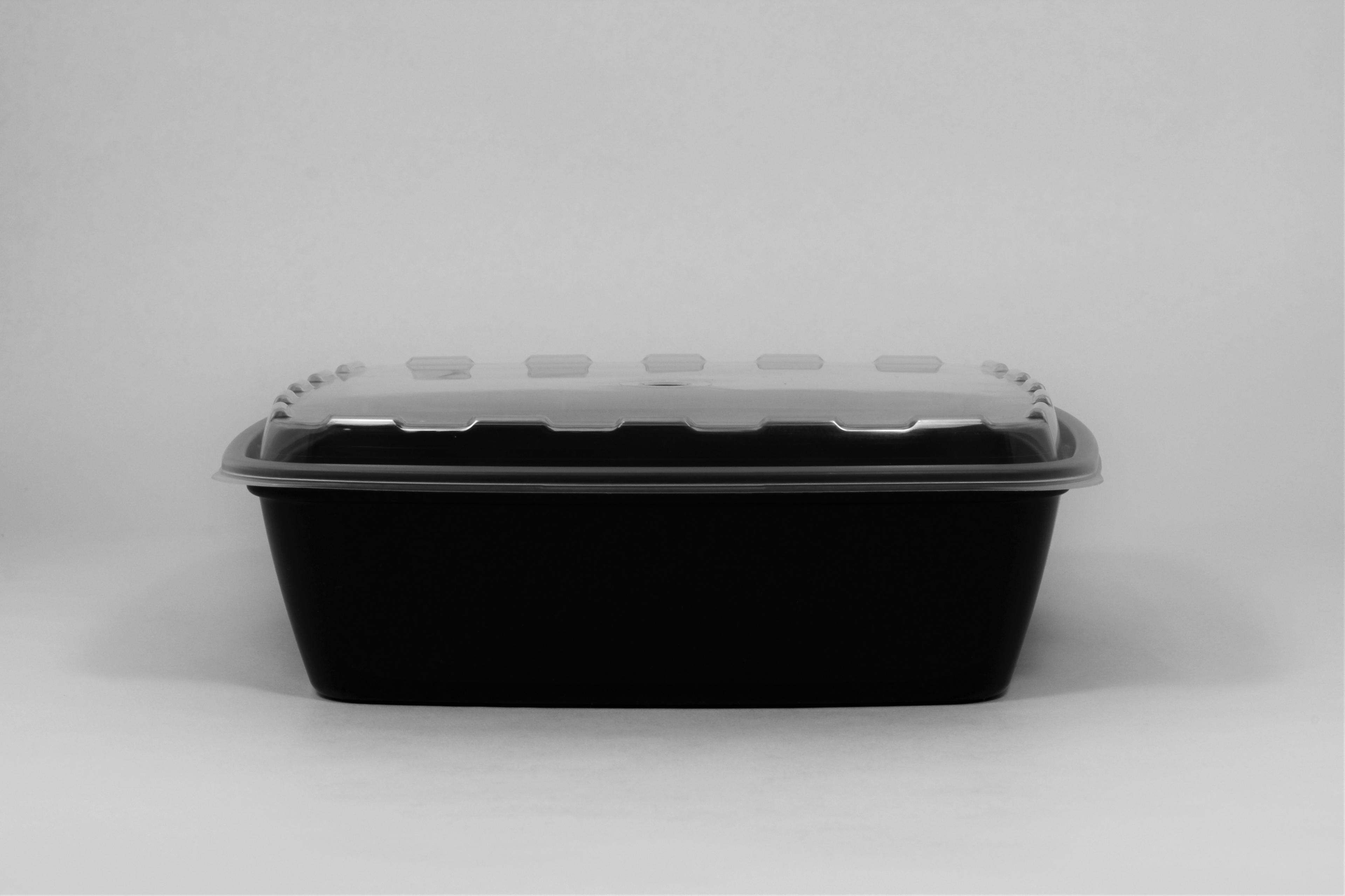Take-Out Container Base & Lid Combo With Dome Lid 64 OZ Plastic Black Clear Square 100/Case