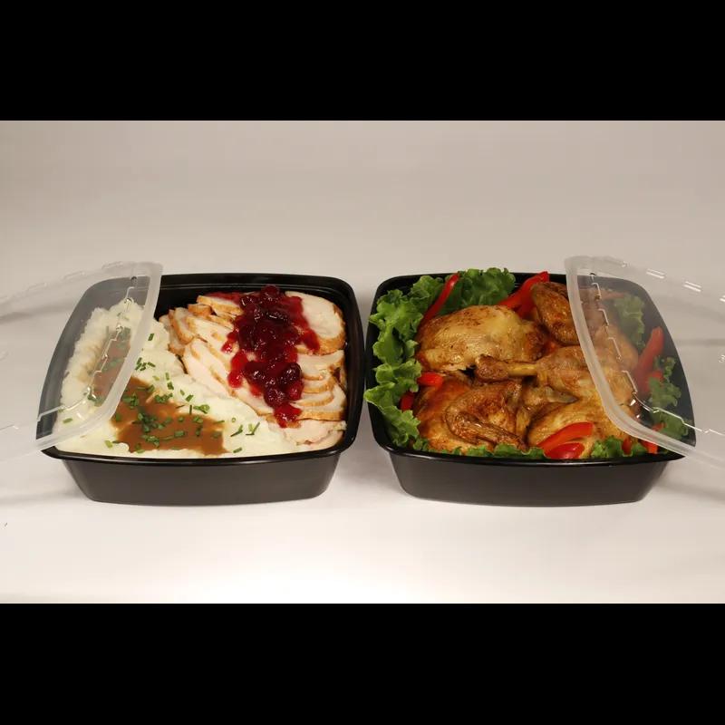 Take-Out Container Base & Lid Combo With Dome Lid 64 OZ Plastic Black Clear Square 100/Case