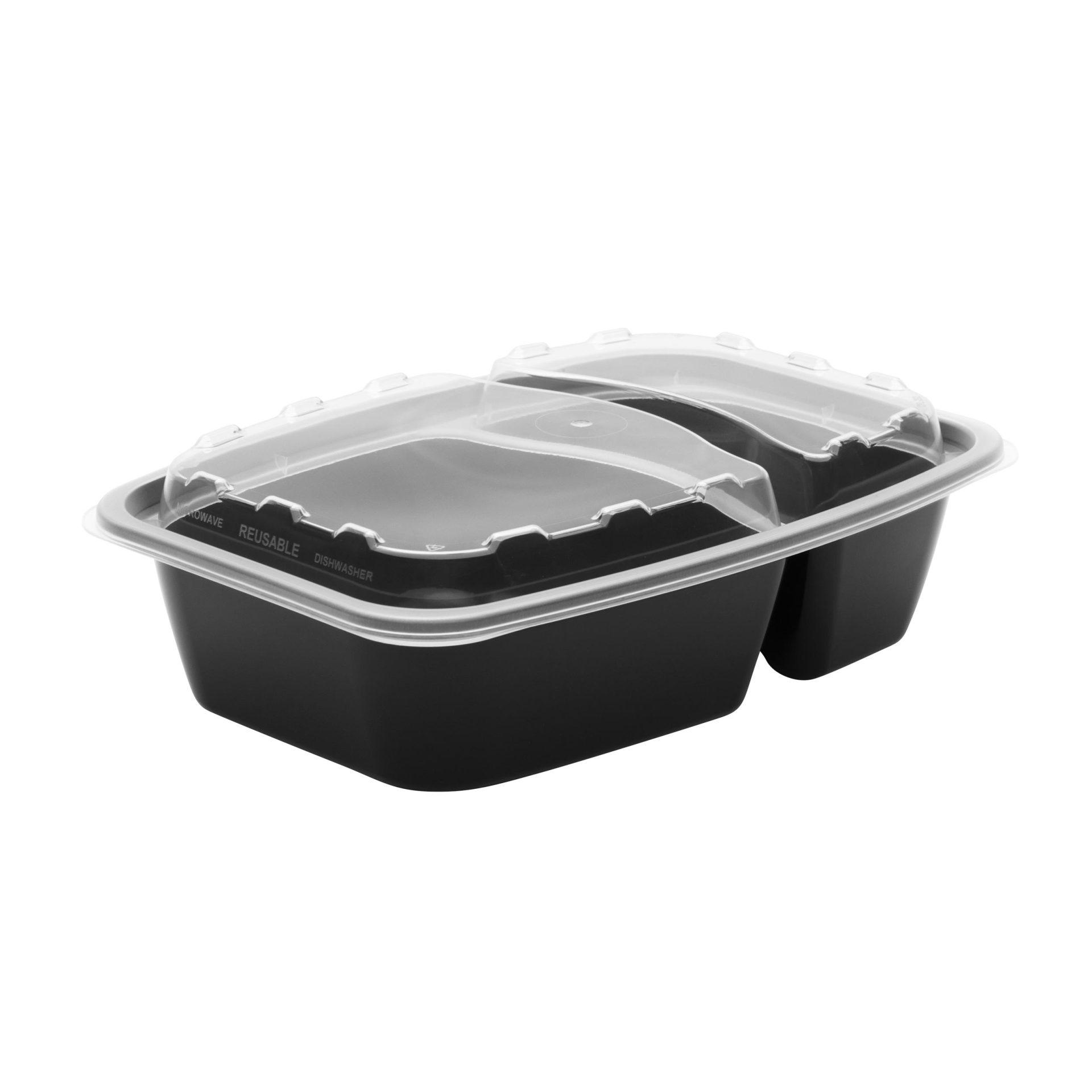 Food Take-Out Container Base & Lid Combo 28 OZ 2 Compartment Plastic Black Clear 150/Case