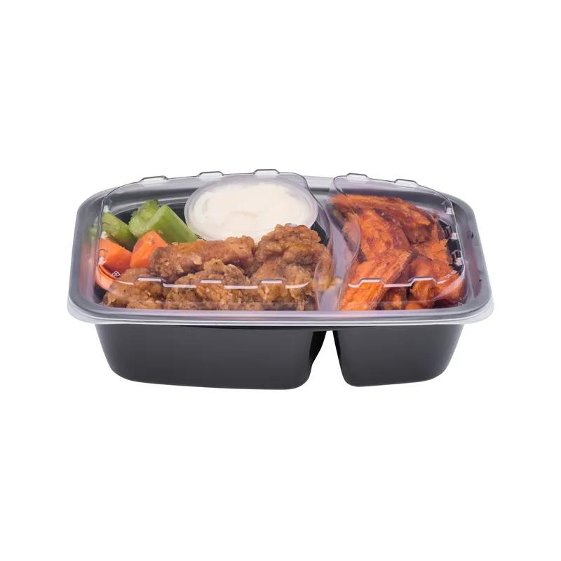 Food Take-Out Container Base & Lid Combo 28 OZ 2 Compartment Plastic Black Clear 150/Case
