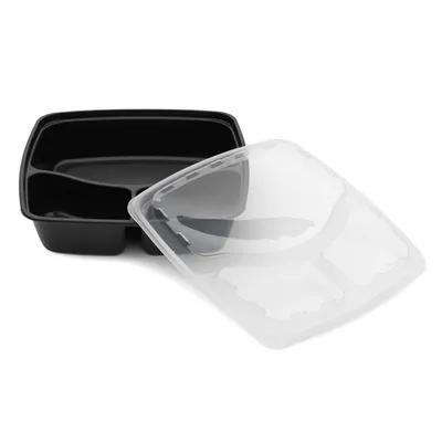 Take-Out Container Base & Lid Combo 9X9X2 IN 3 Compartment Plastic Black Clear Square 100/Case