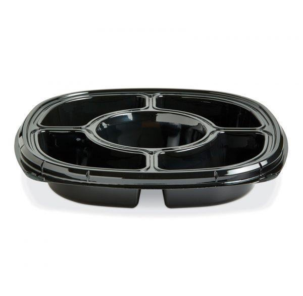Fresh 'n Clear® Serving Tray Base 12.5X12.5X2.03 IN 5 Compartment PET Black Square 50/Case