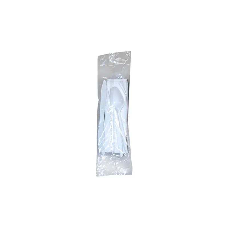 WNA 4PC Cutlery Kit White Medium Weight With 13X15 Napkin,Fork,Knife,Teaspoon 250/Case