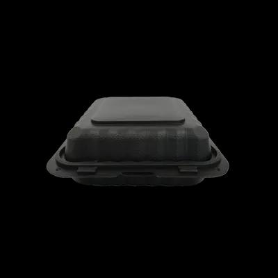 Pebble Box Take-Out Container Hinged 8X8X3 IN 3 Compartment PP Black Microwave Safe Grease Resistant 150/Case