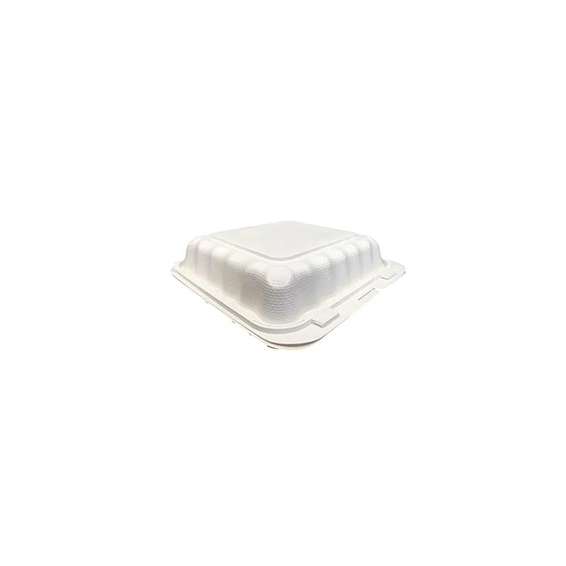 Pebble Box Take-Out Container Hinged 7.88X8X2.5 IN 3 Compartment PP White Microwave Safe Grease Resistant 150/Case