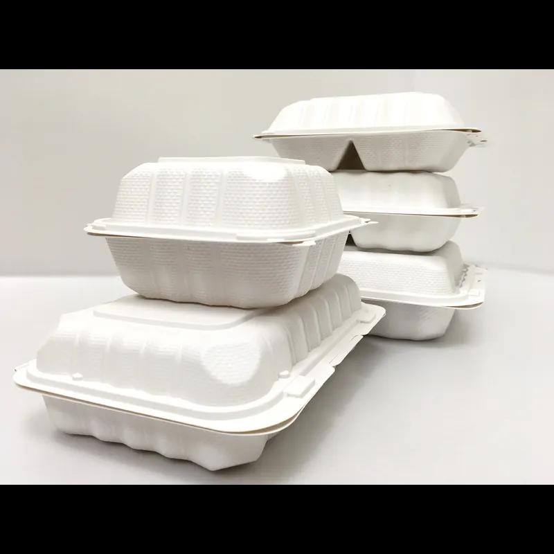 Pebble Box Take-Out Container Hinged 7.88X8X2.5 IN 3 Compartment PP White Microwave Safe Grease Resistant 150/Case