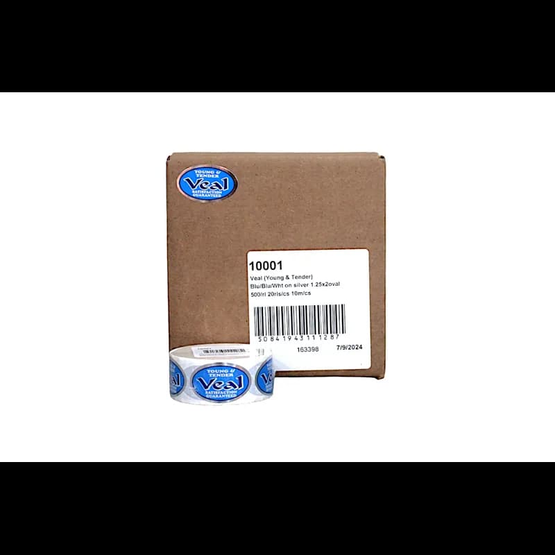 Young & Tender Veal Meat Label 1.25X2 IN Silver Blue White Oval Foil 500 Count/Roll 20 Rolls/Case 10000 Count/Case
