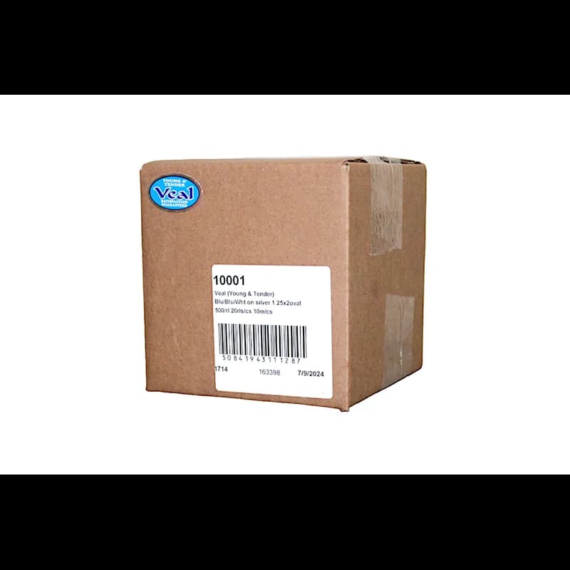 Young & Tender Veal Meat Label 1.25X2 IN Silver Blue White Oval Foil 500 Count/Roll 20 Rolls/Case 10000 Count/Case