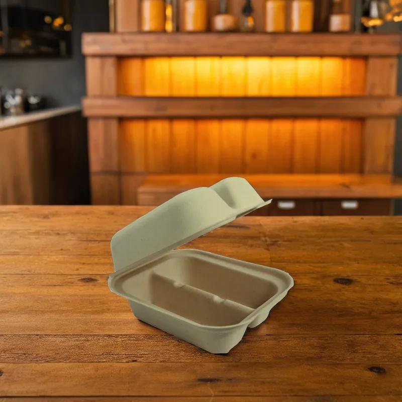 Taco Take-Out Container Hinged With Dome Lid 7.25X5.86X3.38 IN 2 Compartment Plant Fiber Bamboo Kraft Rectangle 300/Case